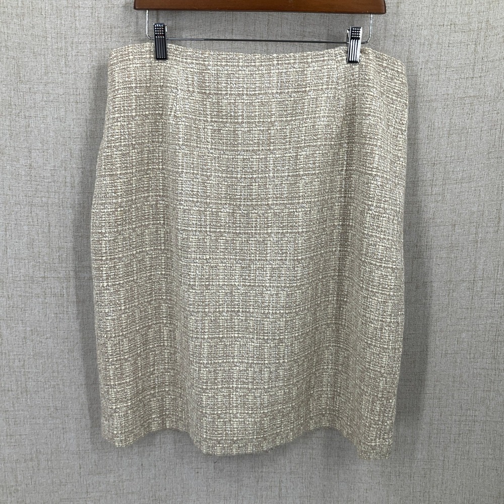 Talbots Pencil Skirt Woman 14W Cream Tan‎ Lined Slit Tweed Classic Professional